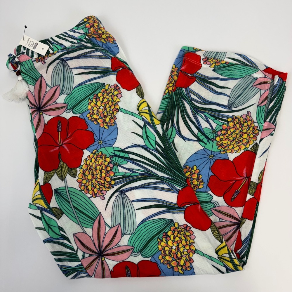 Talbots Womens XS Tropical Floral Linen Blend Pull On Tassel Pants 53970268 NEW